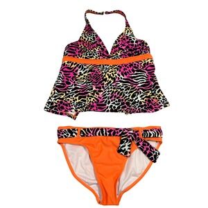 Y2K Op‎ Girls Neon Orange Pink Animal Print Tankini Swimsuit Set XL 14-16